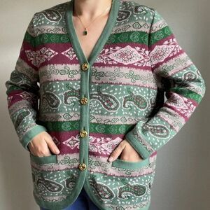 Vintage 80s Womens Pink Green Paisley Striped Oversized Grandma Cardigan Sz L